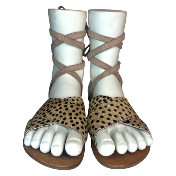 REVOLVE URGE Cheetah Print Ankle Wrap Pony Hair Flat Sandals 7.5 38 Animal Print - Picture 7 of 12